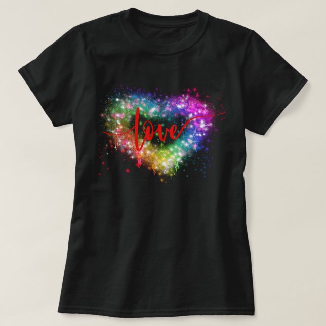 Camiseta Escrito de amor cardíaco com brilho colorido (Frente do Design)