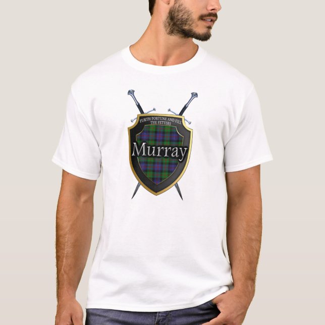 Camiseta Escudo e Espadas do Xadrez do Clã Escocês Murray (Frente)