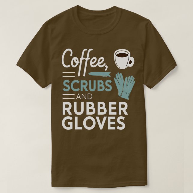 Camiseta Esfregões de café e luvas de borracha (Frente do Design)