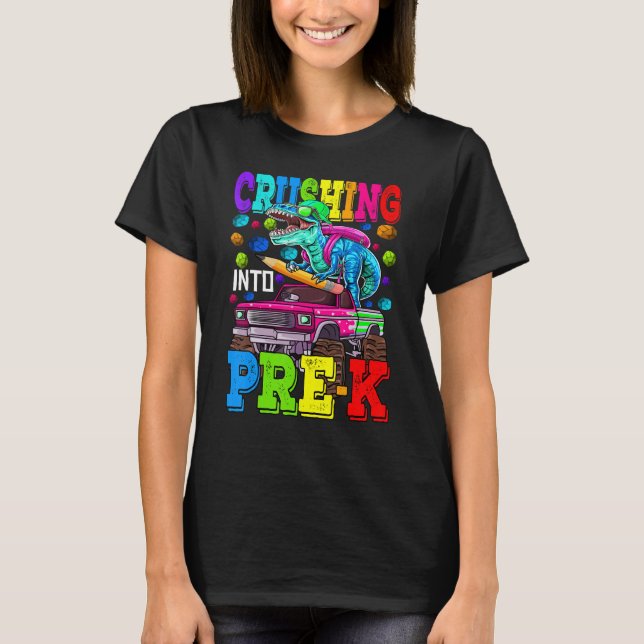 Camiseta Esmagando No Pré-K Monstro Dinossauro Rex Boy (Frente)