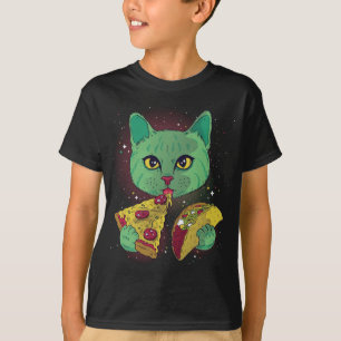 Camiseta Espaço Cósmico Engraçado Alienígena Verde Gato Com