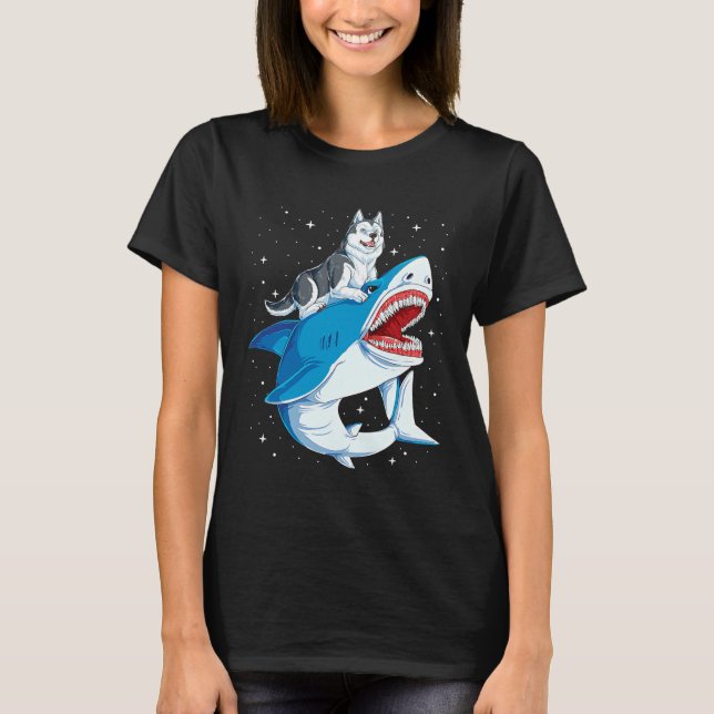 Camiseta Espaço de Cachorro Siberiano Husky Shark Jawsome (Frente)