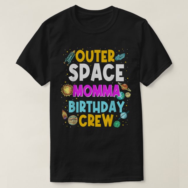 Camiseta Espaço Exterior Mamãe Voador de Aniversário Planet (Frente do Design)