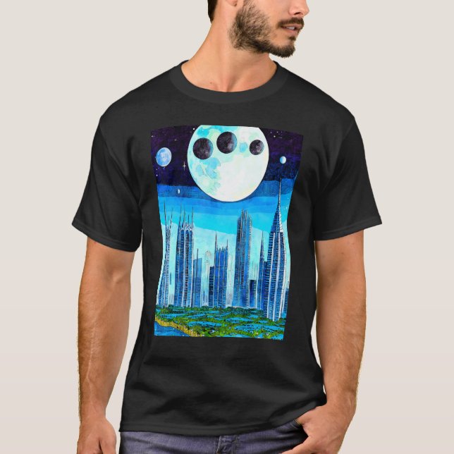 Camiseta Espaço Exterior Mundo Muitas Luas Negra Aranha-céu (Frente)