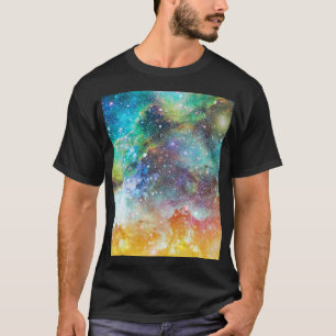 Camiseta Espaço futurístico, fundo nebuloso estrelado.