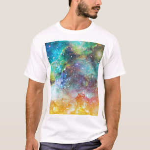 Camiseta Espaço futurístico, fundo nebuloso estrelado.