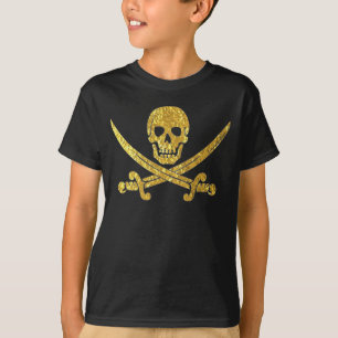 Camiseta Espadas cruzadas crânio do pirata na folha Dourad