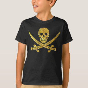 Camiseta Espadas cruzadas crânio do pirata na folha Dourado
