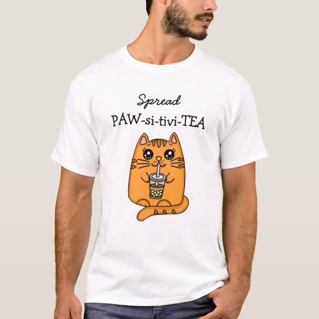 Camiseta Espalhar Positividade | Kawaii Cat e Bubble Tea Pu (Frente)