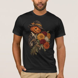Camiseta Espantalho de Abóbora Vintage com Flores de Outono