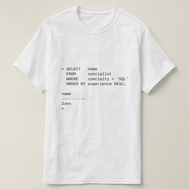 Camiseta Especialista em Banco de Dados SQL: John (Frente do Design)