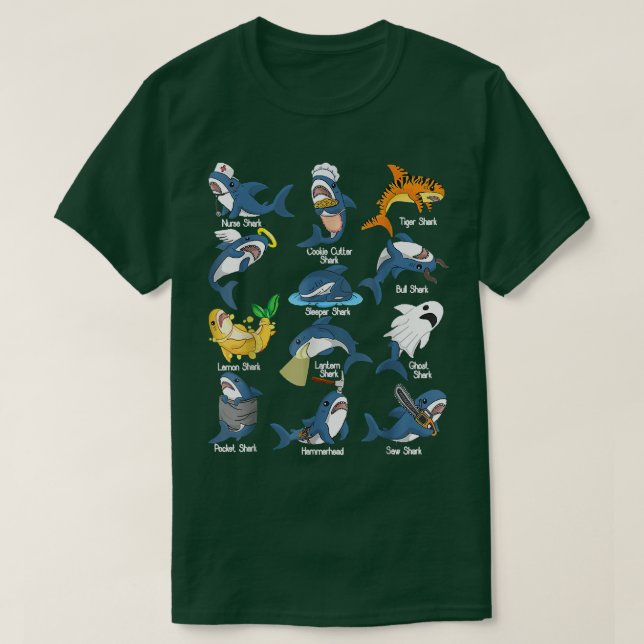 Camiseta Espécies De Tubarões Biologia Diferentes Tipos De  (Frente do Design)
