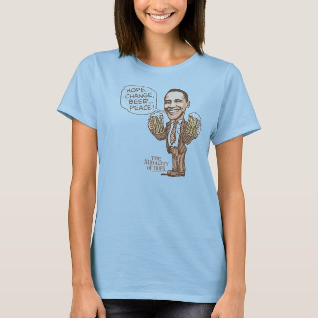 Camiseta Esperança, mudança, cerveja... Peace Barack Obama (Frente)