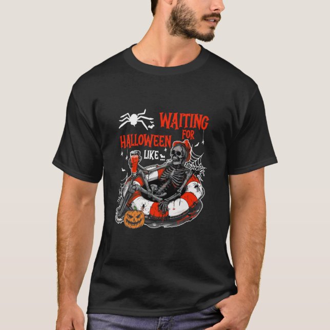 Camiseta Esperando O Halloween Como Skeleton Engraçado Hall (Frente)