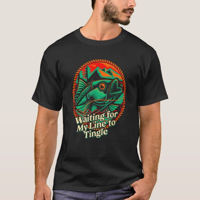 Camiseta Esperando pela minha linha para o peixe do oceano  (Frente)