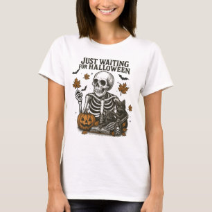 Camiseta Esperando pelo esqueleto do Halloween e gatos