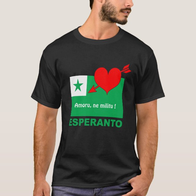 Camiseta Esperanto / "Amoru, ne militu!", (Frente)