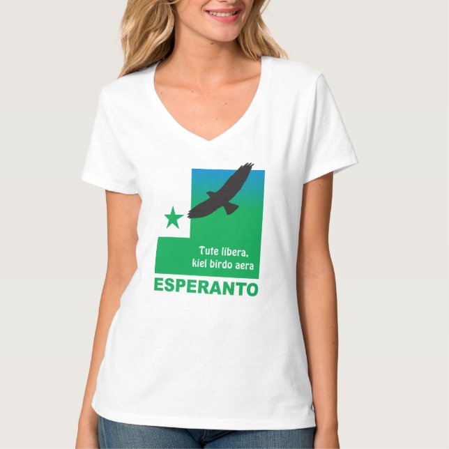 Camiseta Esperanto / "Tute libera, kiel birdo aera", (Frente)