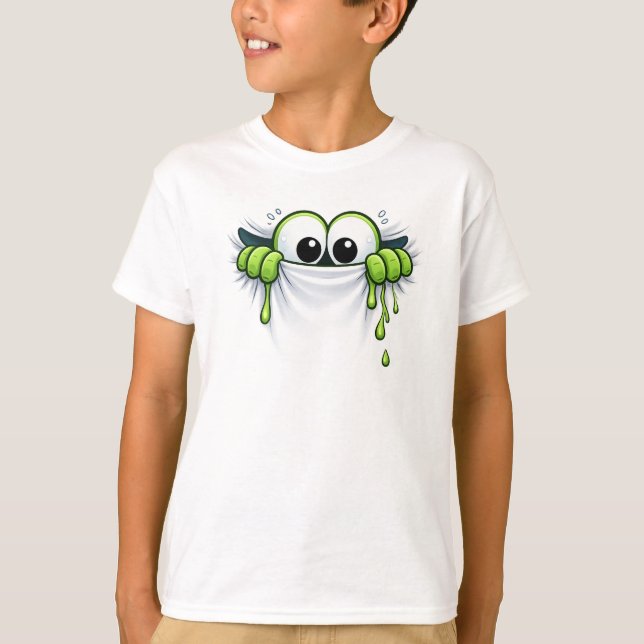 Camiseta Espie-Slima! Monstro de Gosma Fofo com Design de E (Frente)