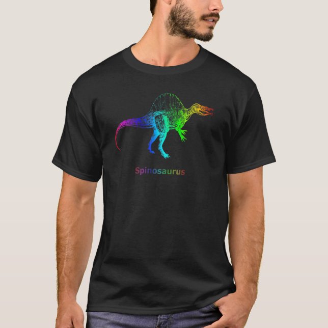 Camiseta Espinossauro Dinossauro Esqueleto Arco-Íris (Frente)