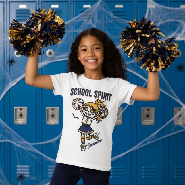 Camiseta Espírito Escolar de Halloween de Cheerleader Skele (Cheer in spooky style with this Skeleton Cheerleader Halloween School Spirit T-Shirt in Navy & Gold)