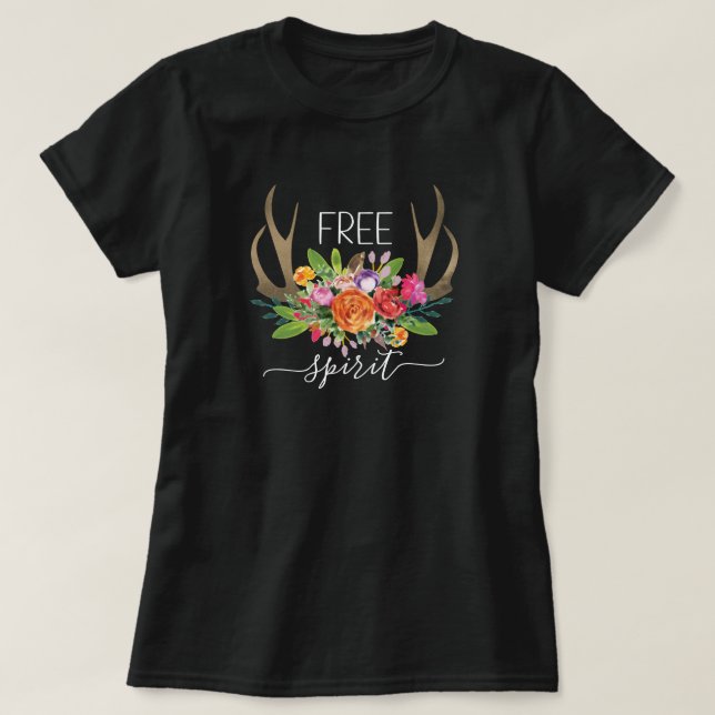 Camiseta Espírito Livre Moderno Boho Chic Flores Chifres  (Frente do Design)
