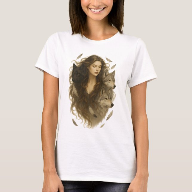Camiseta Espírito Selvagem - Mulher Mística com Lobos (Frente)