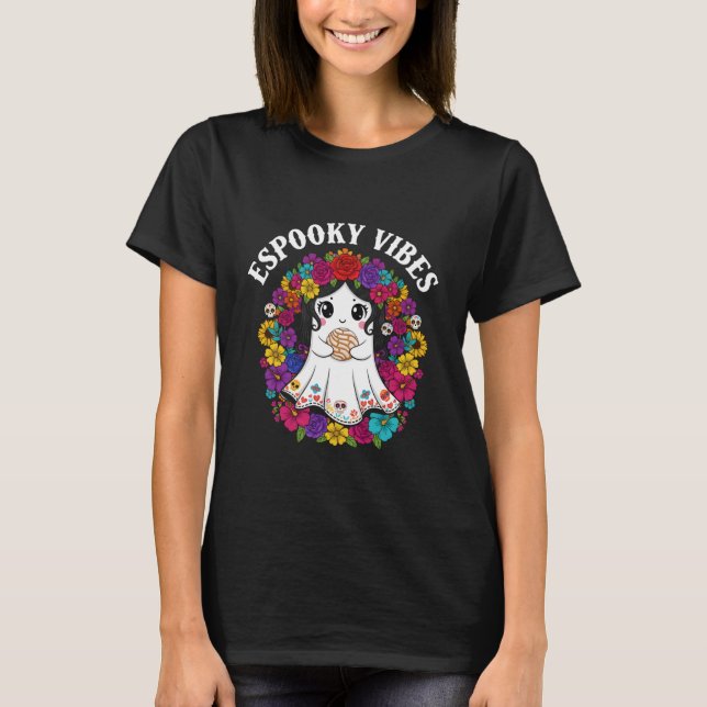 Camiseta Espooky Vibes Fofo Outono Espanhol Halloween Mexic (Frente)