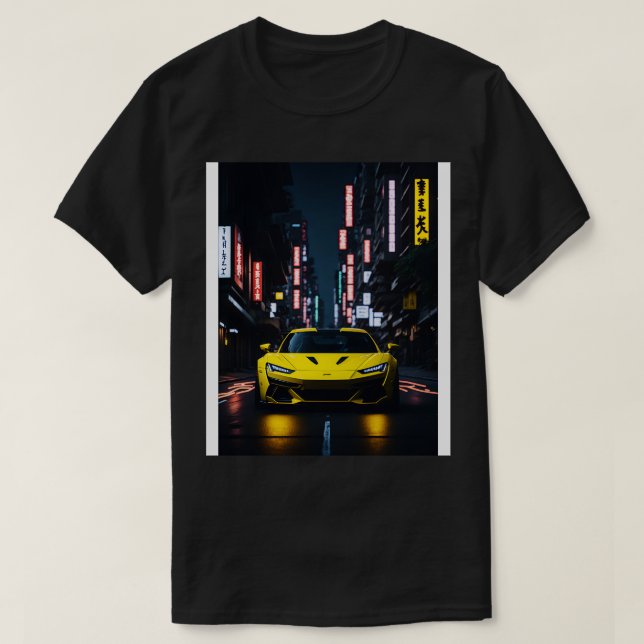 Camiseta Esportes Amarelos Escuros na Cidade Neon Japonesa  (Frente do Design)