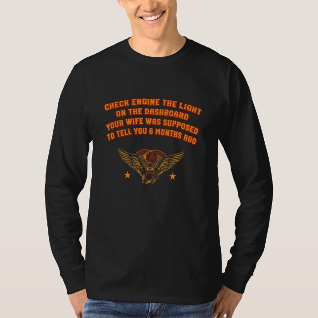 Camiseta Esposa Check Engine Suposto Dizer a Você 6 Meses A (Frente)