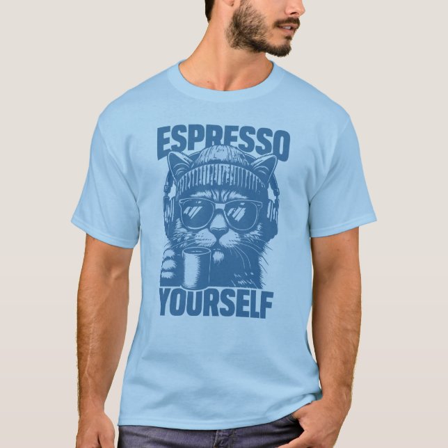 Camiseta "Espresso Yourself" Cool Cat with Coffee, Beanie (Frente)