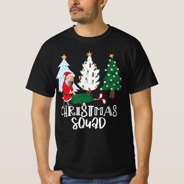 Camiseta Esquadra de Natal de Golfe com Papai Noel na Árvor (Frente)