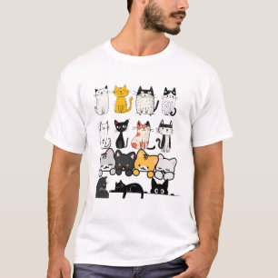 Camiseta Esquadrão de Gatos Ilustrados Fofos em Fundo Preto