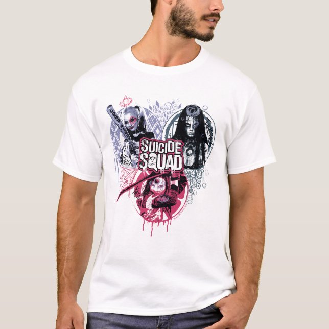 Camiseta Esquadrão Suicida | Crachás de Grafite de Garotas- (Frente)