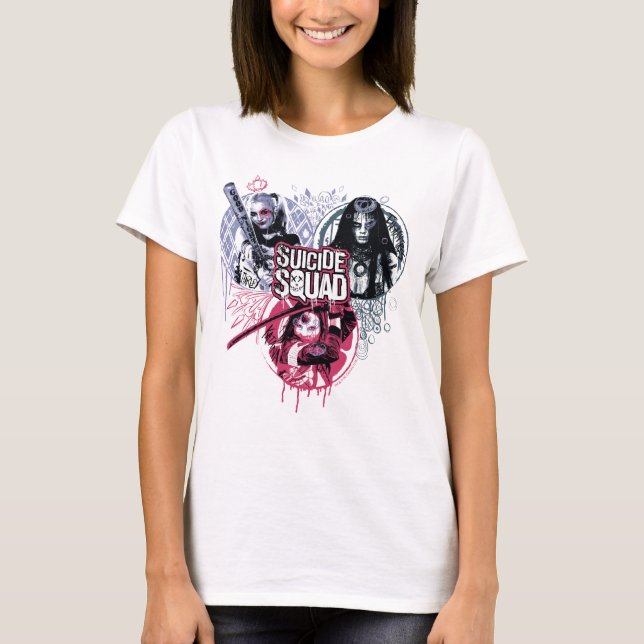 Camiseta Esquadrão Suicida | Crachás de Grafite de Garotas- (Frente)