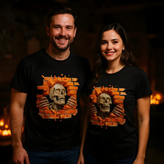 Camiseta Esqueleto 3d Poking através de um Design de parede