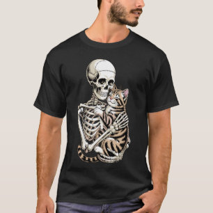 Camiseta Esqueleto Abraçando Gato Design Gótico Amante de A