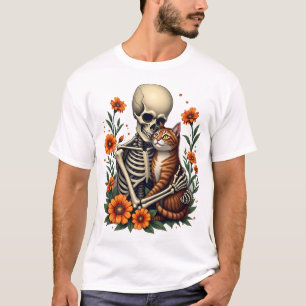 Camiseta Esqueleto Abraçando Gato Floral Amante de Gatos no