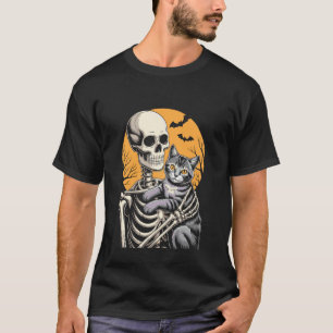 Camiseta Esqueleto Abraçando Gato Halloween Lua Amante de G