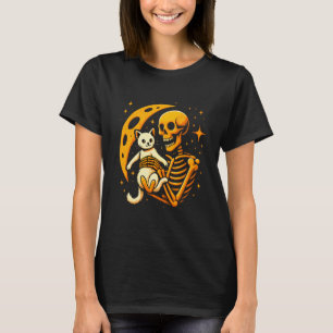 Camiseta Esqueleto Abraçando Gato Lua Noite Engraçado Fofo