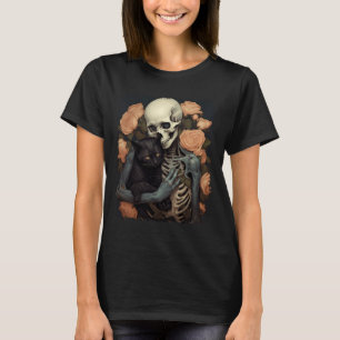 Camiseta Esqueleto Antigo Segurando um Gato Preto no Hallow