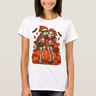 Camiseta Esqueleto Casal Abóbora Tempero Outono Dia das Bru