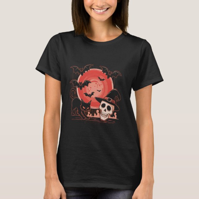 Camiseta Esqueleto Caveira de Gato Kitty Fofo Goth Hallowee (Frente)