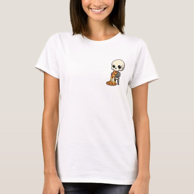 Camiseta Esqueleto Chibi Fofo Devorando Pepperoni Queijoso (Frente)