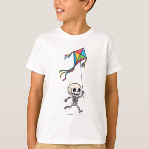 Camiseta Esqueleto Chibi Voando Pipa Colorida Crianças