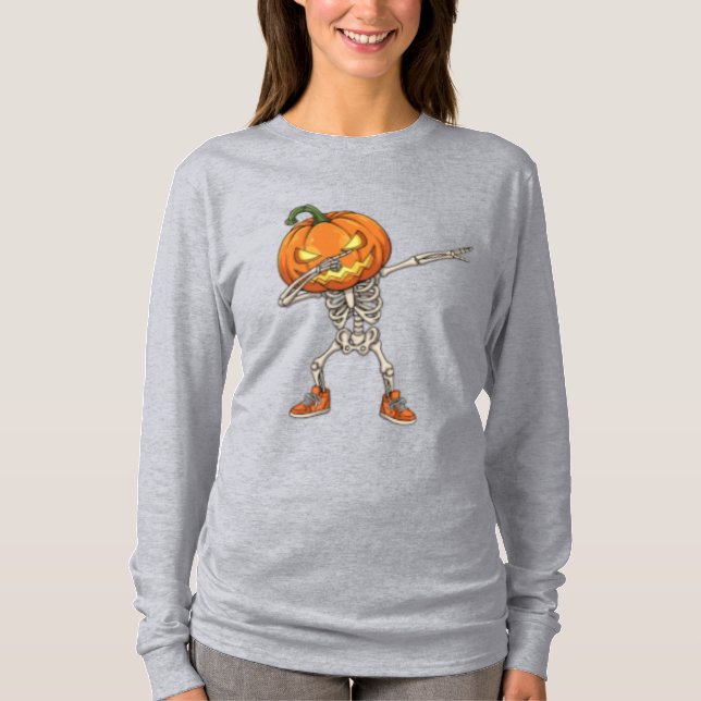 Camiseta Esqueleto com Cabeça de Abóbora no Dia das Bruxas (Frente)