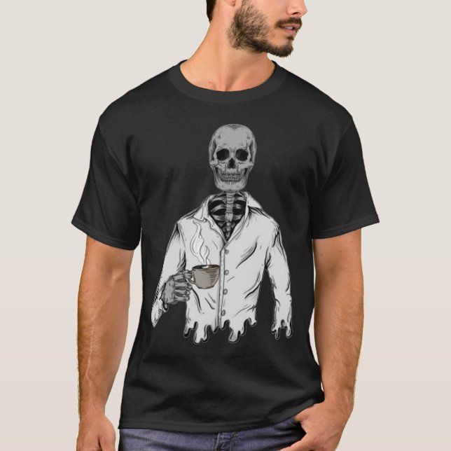Camiseta Esqueleto com café - halloween feliz (Frente)