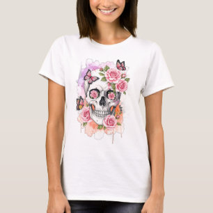 Camiseta Esqueleto com Rosas Rosa e Borboletas