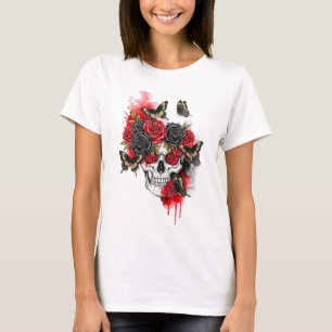 Camiseta Esqueleto com Rosas vermelhos e borboletas