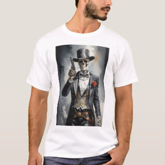 Camiseta Esqueleto com smoking preto segurando um revólver